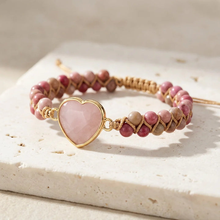 Hazel | Woven Rose Quartz Heart Bracelet