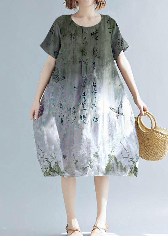 White Print Cotton Linen Tunic Dress