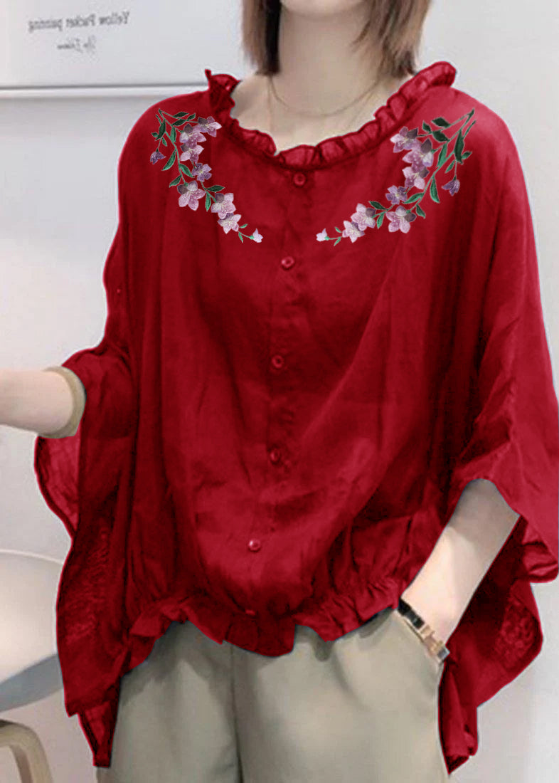 Navy Ruffle Trim Plus Size Blouse