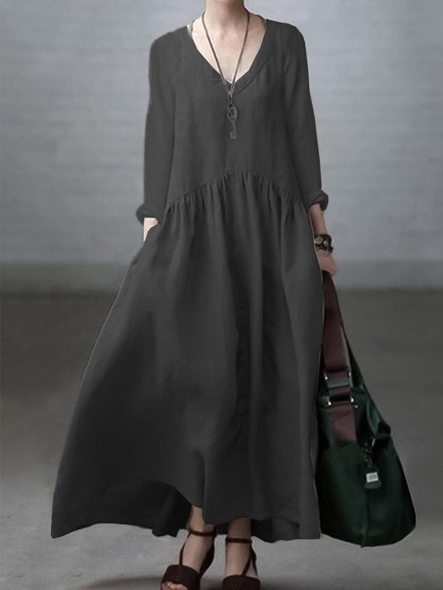 Casual Cotton Linen V-Neck Dress