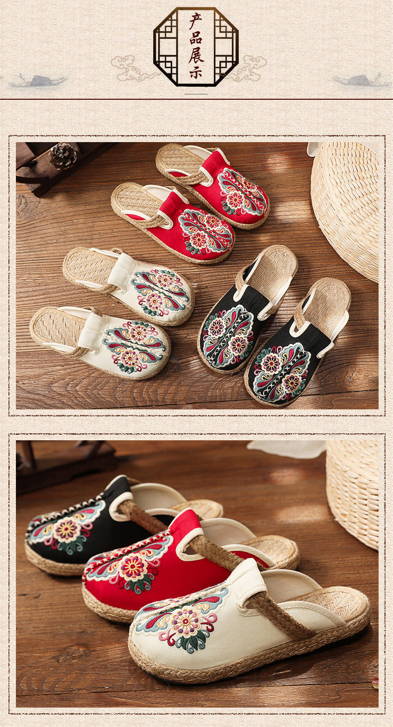 Linen Floral Flip Flop Flats