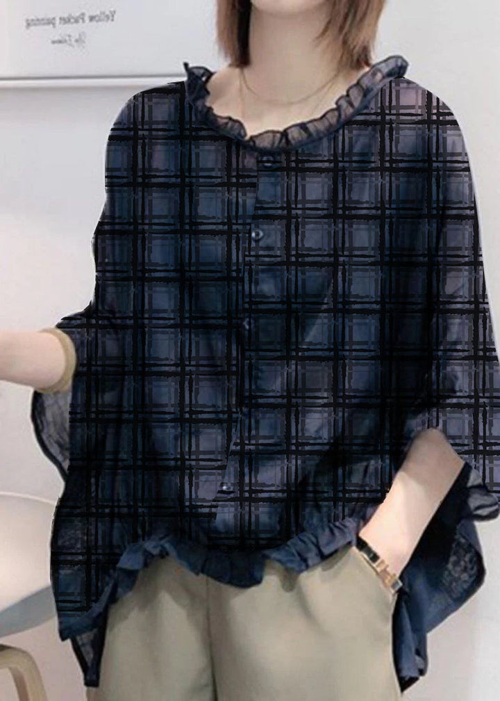 Navy Ruffle Trim Plus Size Blouse