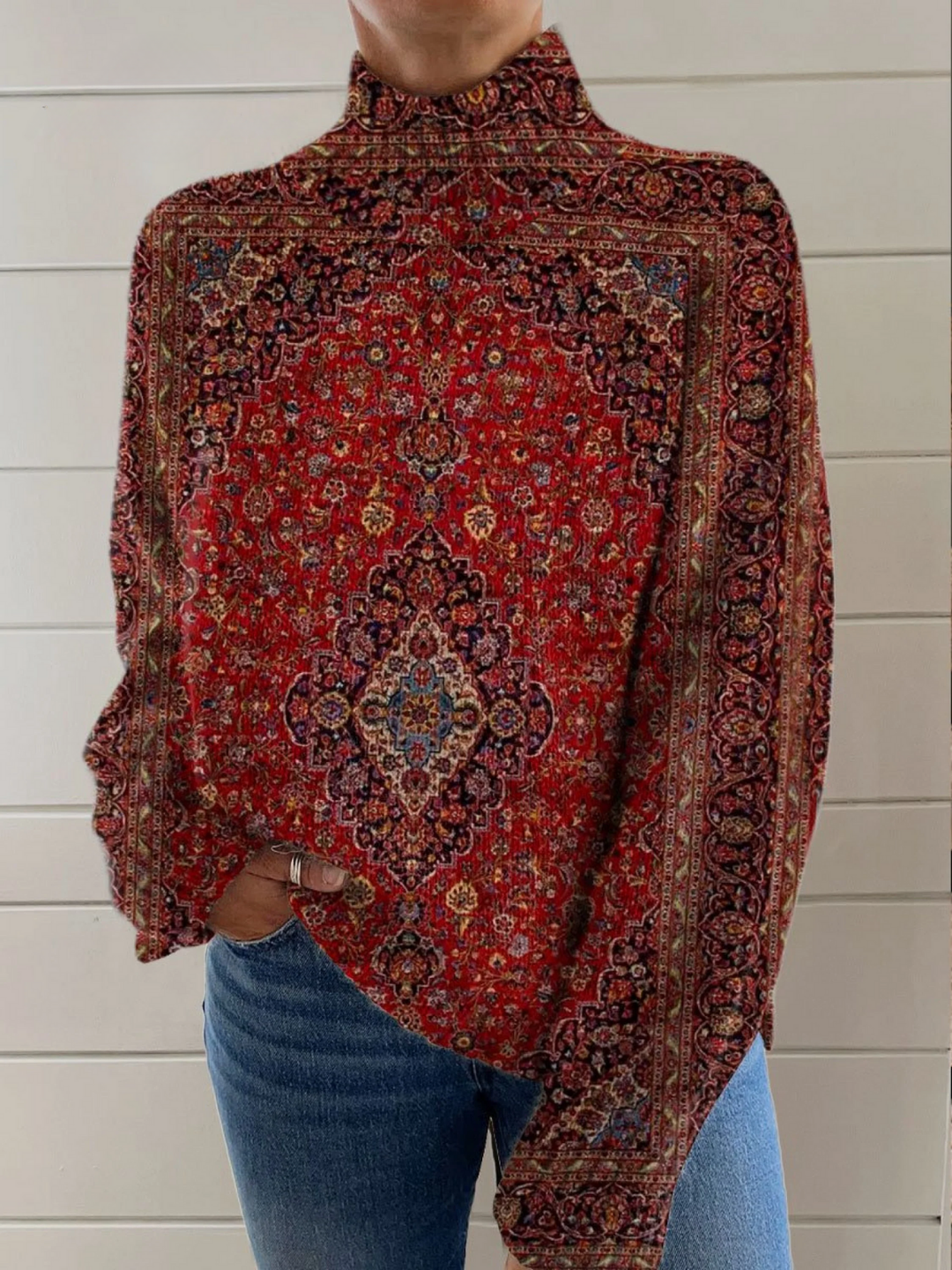 Lisa | Vintage Art Print Turtleneck Sweater in Black