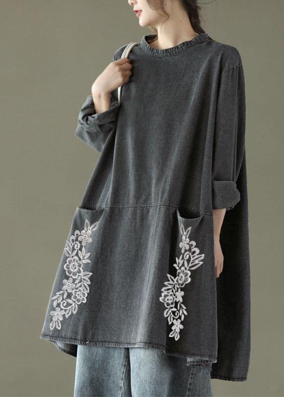 Black Grey Denim O-Neck Long Dress