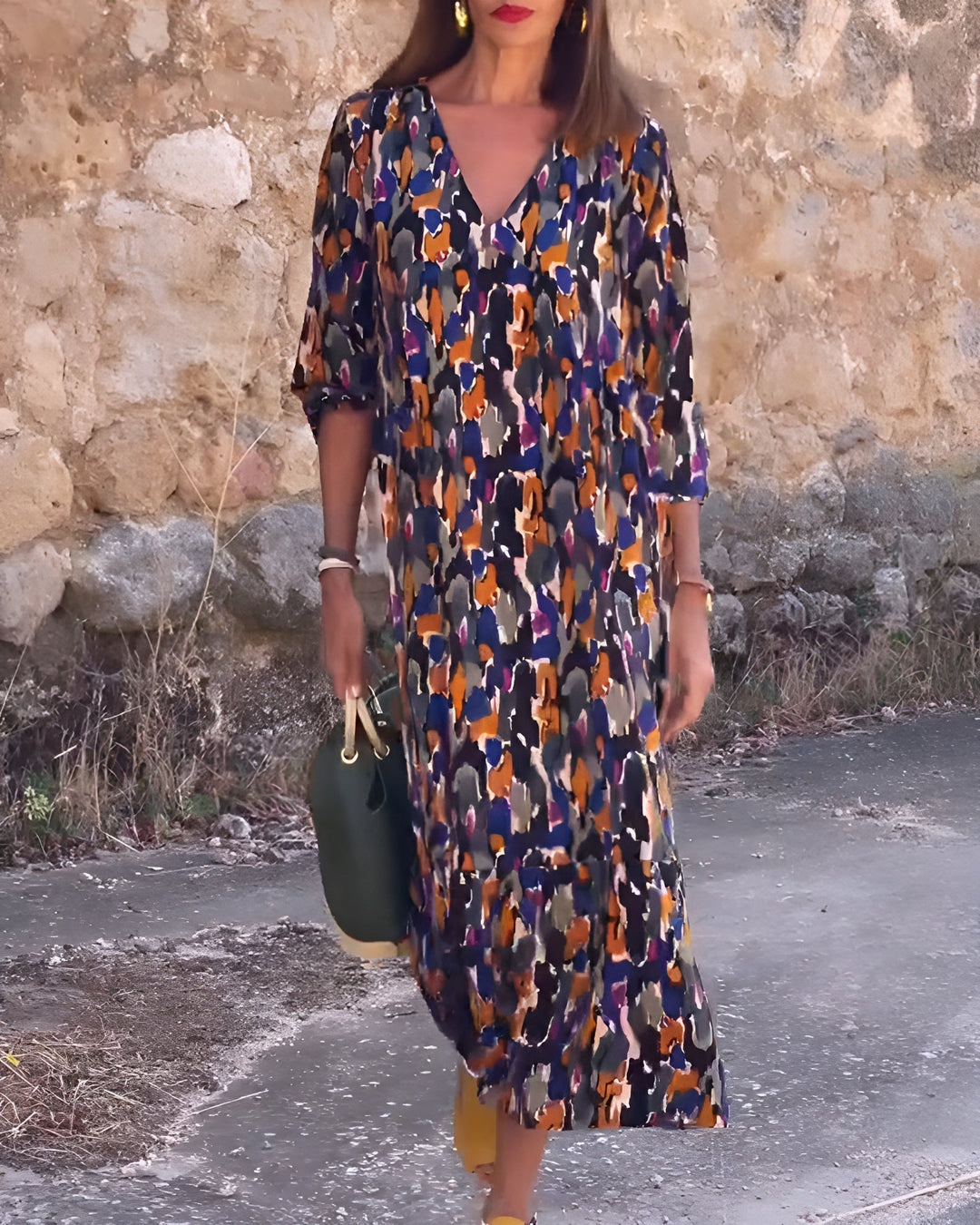 Retro Print V-Neck Dress