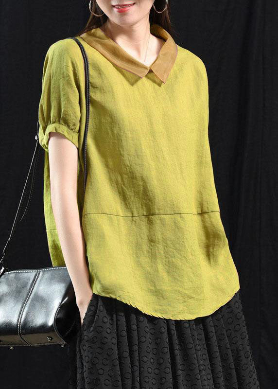 Khaki Boho Patchwork Collared Linen Top