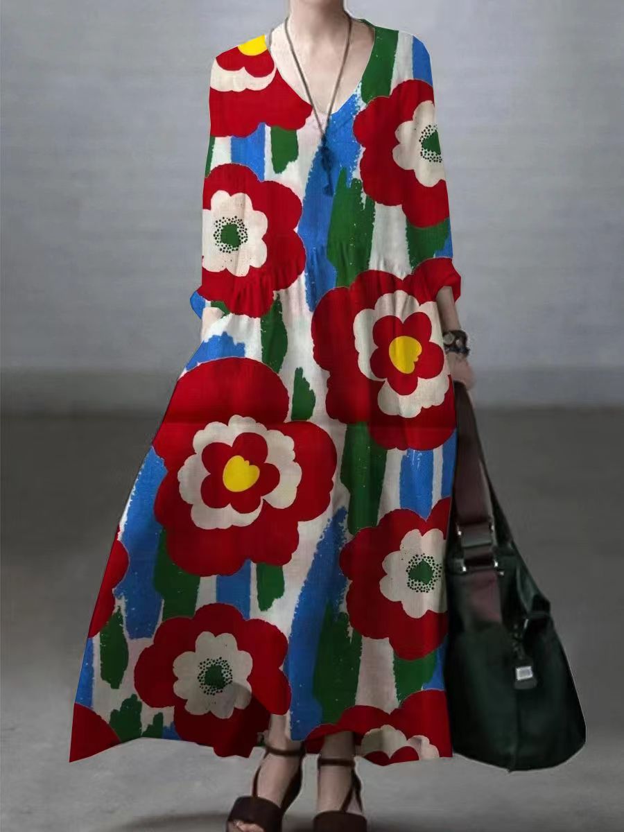 Casual Cotton Linen V-Neck Dress
