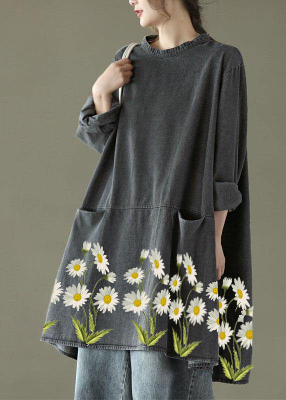 Black Grey Denim O-Neck Long Dress