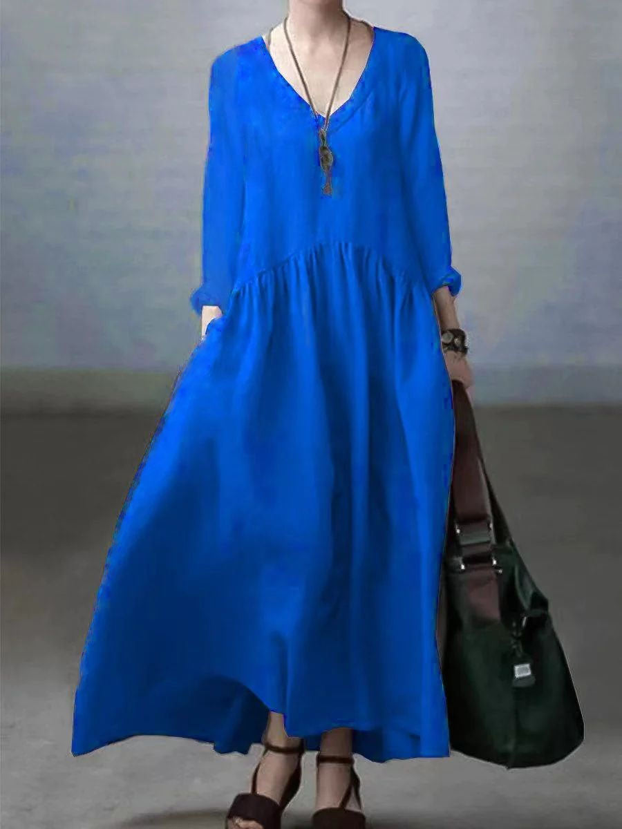 Casual Cotton Linen V-Neck Dress