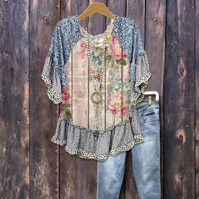 Sage | Vintage Blouse with Patchwork and Floral Print