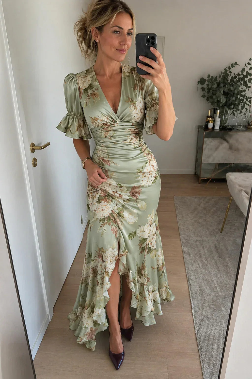 Lucía Asymmetrical Floral Satin Dress