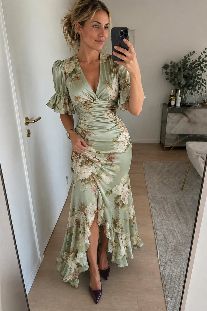 Lucía Asymmetrical Floral Satin Dress