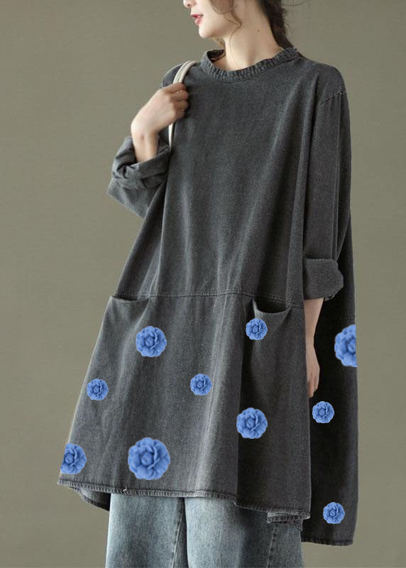 Black Grey Denim O-Neck Long Dress