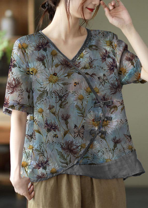Blue Print Ramie Oriental Top