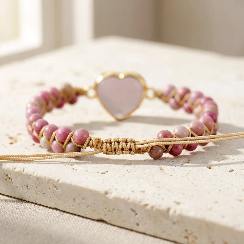 Hazel | Woven Rose Quartz Heart Bracelet