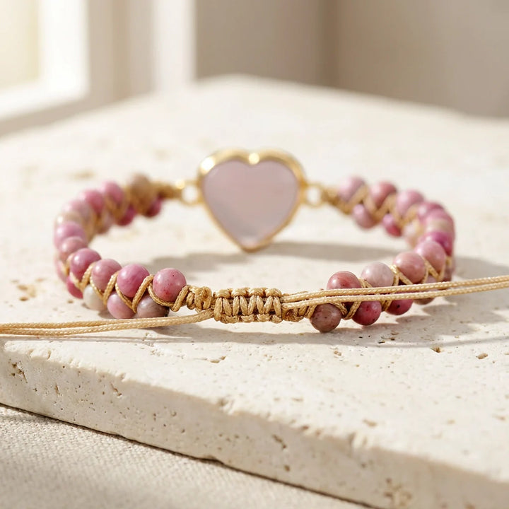 Hazel | Woven Rose Quartz Heart Bracelet