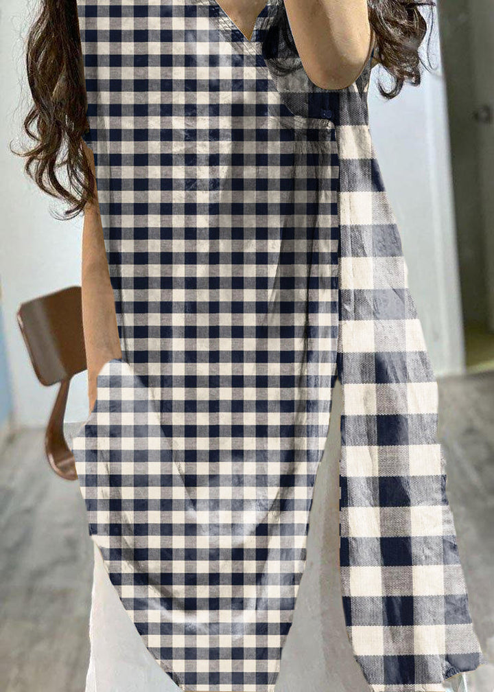 Printed V-Neck Side-Open Linen Dress