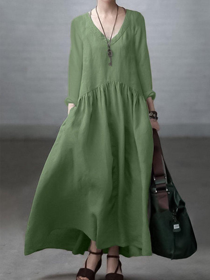 Casual Cotton Linen V-Neck Dress