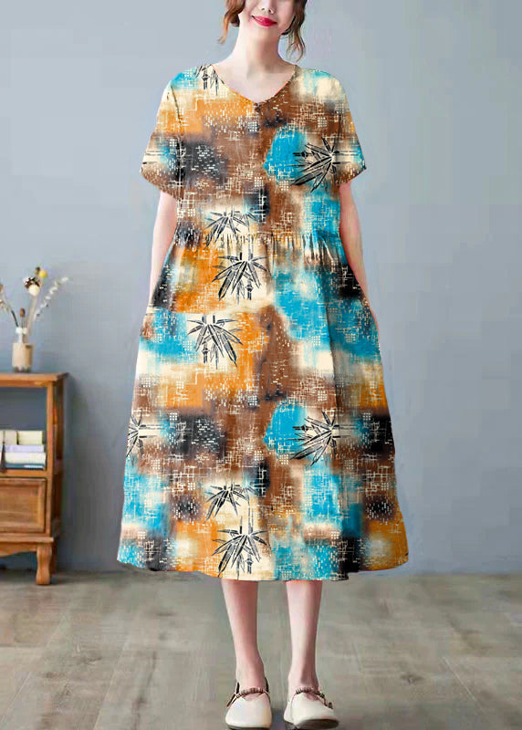 Orange O-Neck Pocket Print Dress