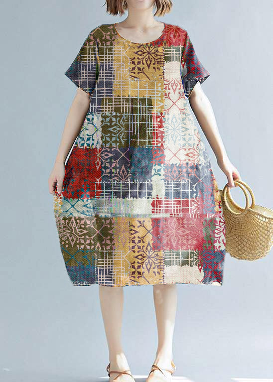 White Print Cotton Linen Tunic Dress