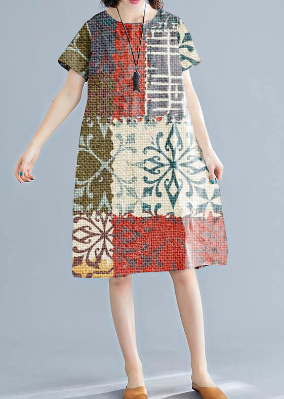 White Printed O-Neck Linen Shift Dress