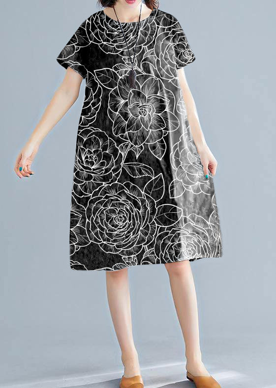 White Printed O-Neck Linen Shift Dress