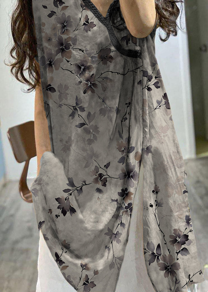 Printed V-Neck Side-Open Linen Dress