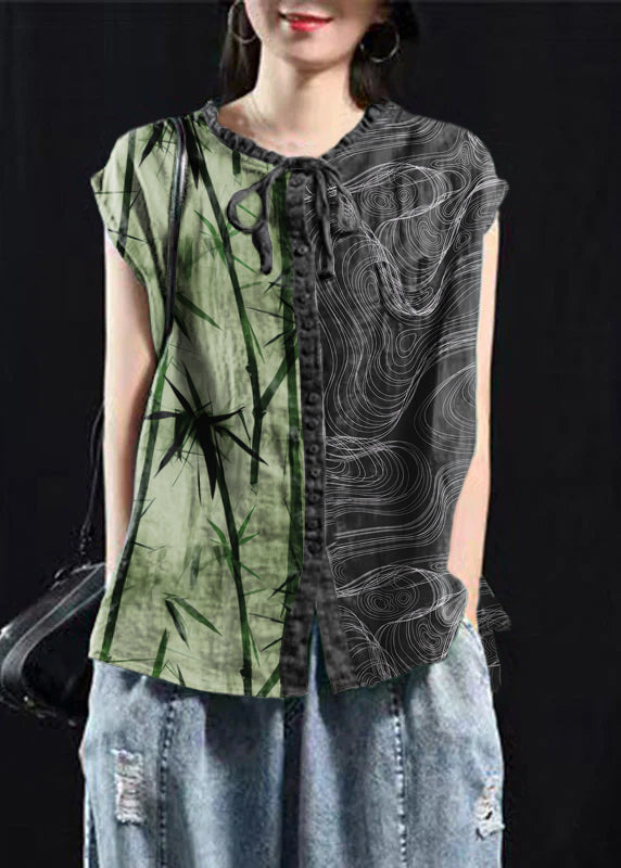 Black Green Patchwork Ruffle Cotton Top