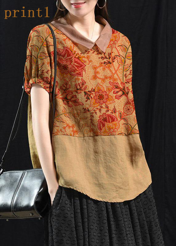 Khaki Boho Patchwork Collared Linen Top