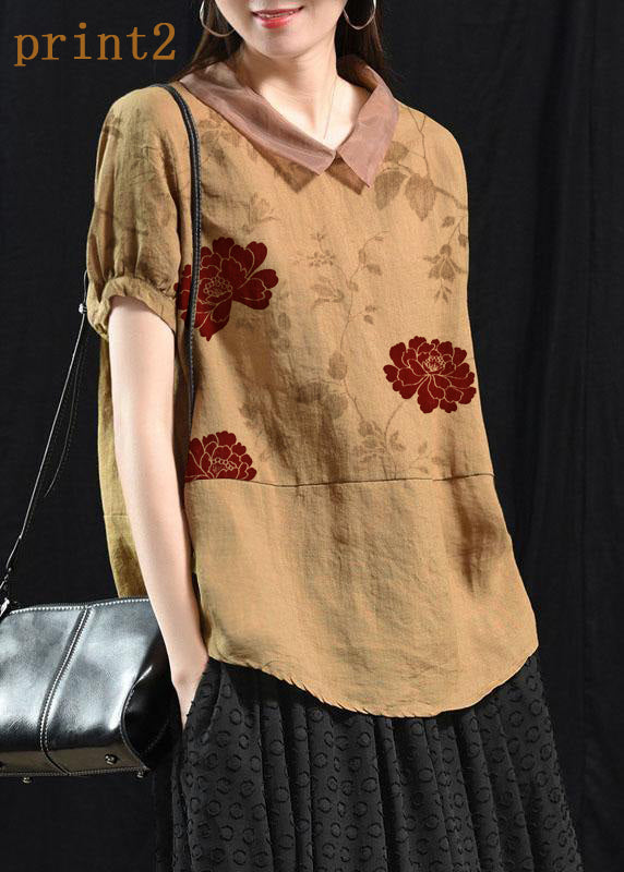Khaki Boho Patchwork Collared Linen Top