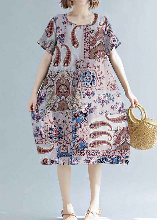 White Print Cotton Linen Tunic Dress