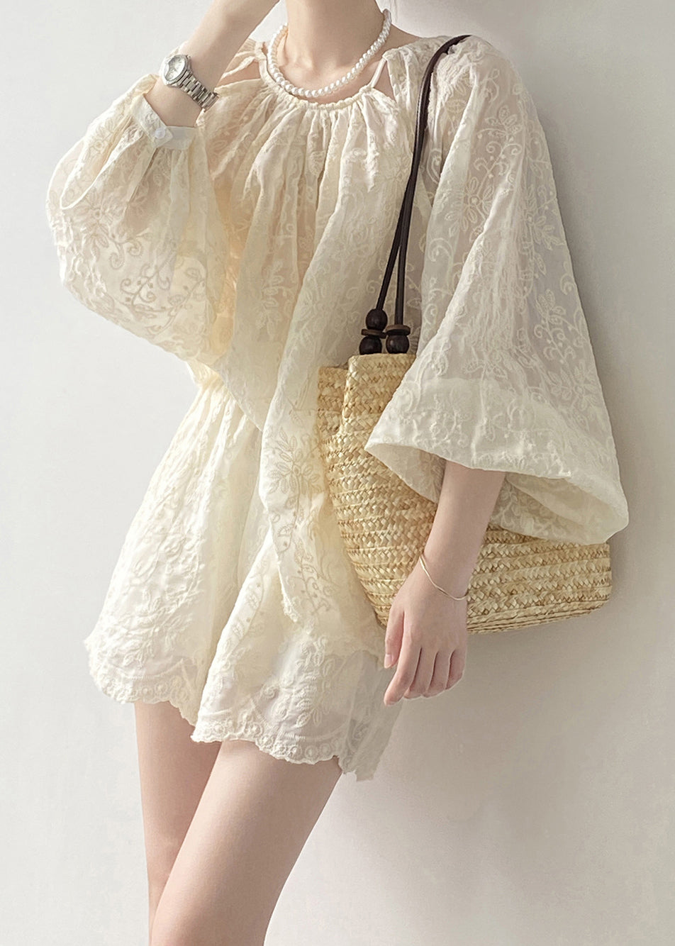 Beige Embroidered Cotton Two-Piece Set