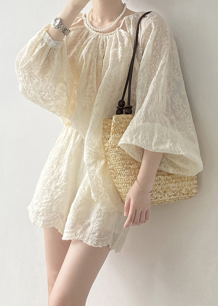 Beige Embroidered Cotton Two-Piece Set