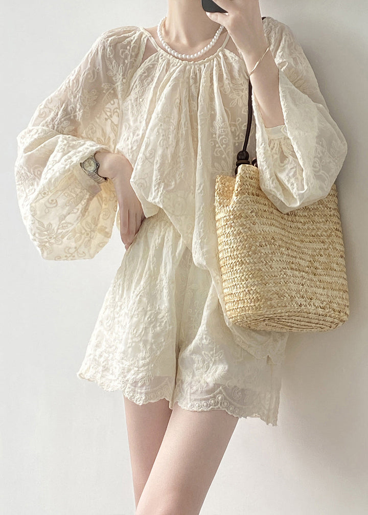 Beige Embroidered Cotton Two-Piece Set