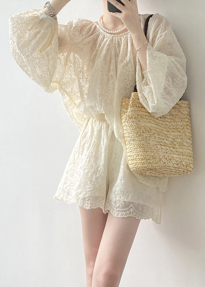 Beige Embroidered Cotton Two-Piece Set