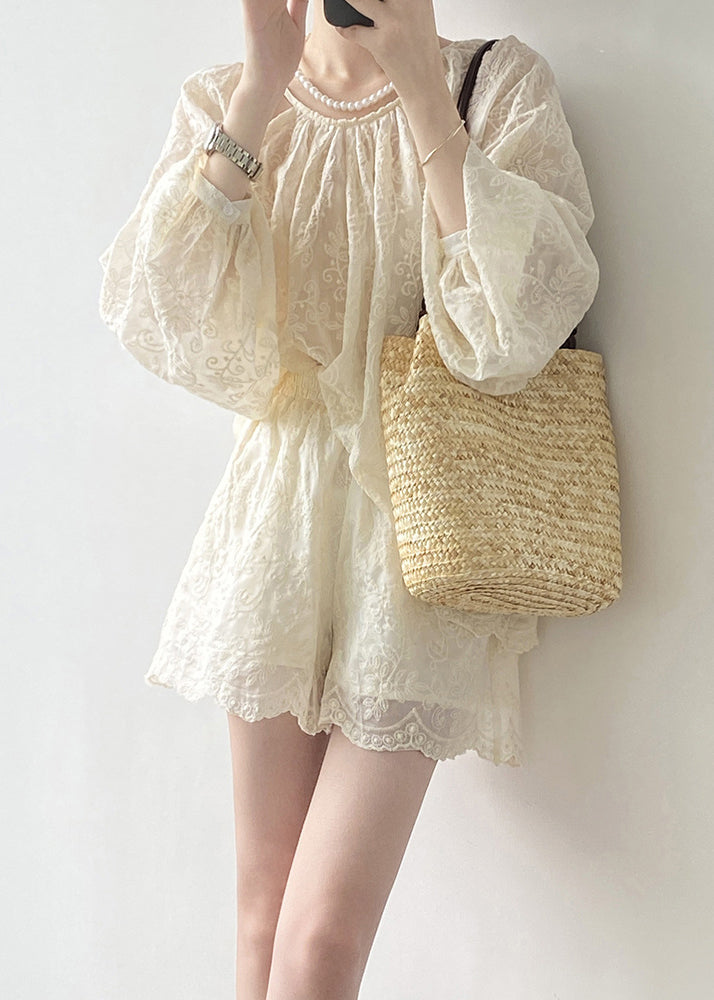 Beige Embroidered Cotton Two-Piece Set