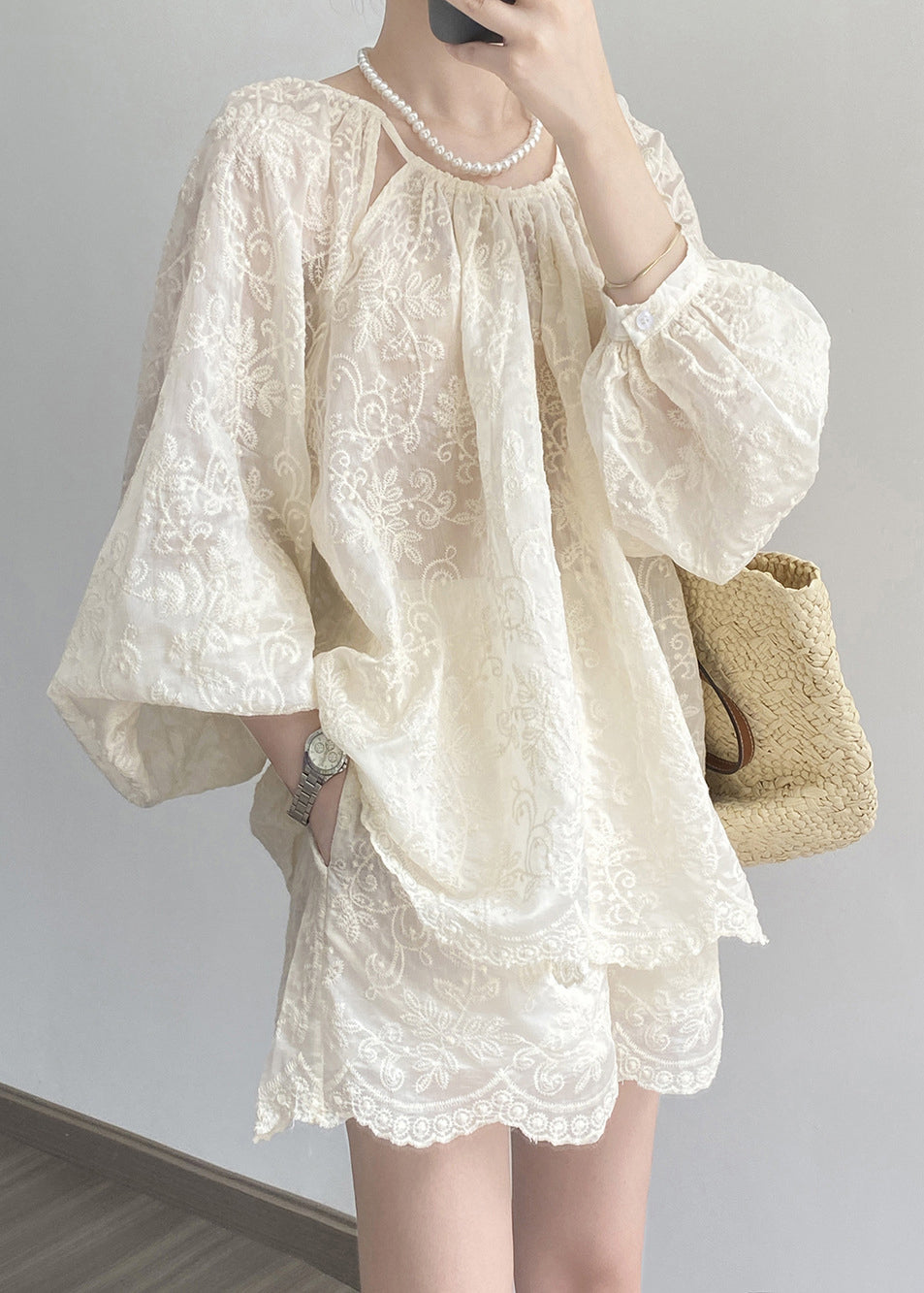 Beige Embroidered Cotton Two-Piece Set