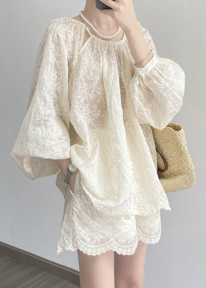 Beige Embroidered Cotton Two-Piece Set