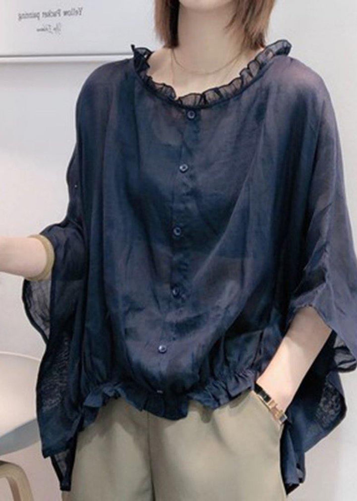 Navy Ruffle Trim Plus Size Blouse