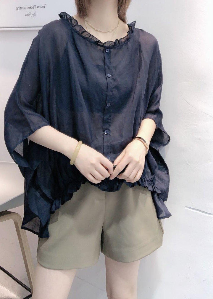 Navy Ruffle Trim Plus Size Blouse