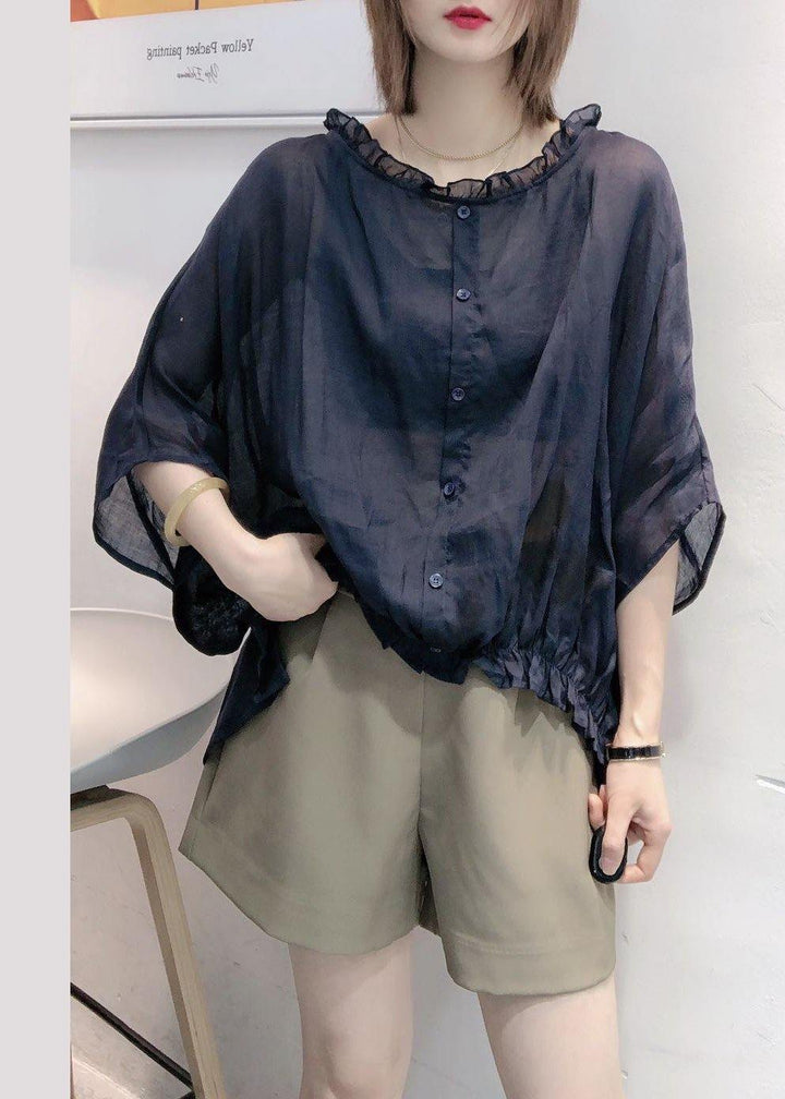 Navy Ruffle Trim Plus Size Blouse