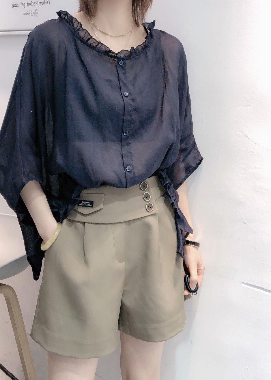 Navy Ruffle Trim Plus Size Blouse