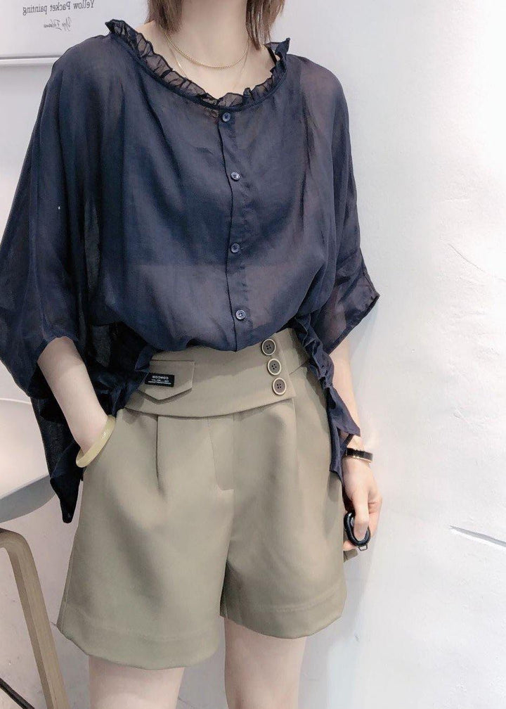 Navy Ruffle Trim Plus Size Blouse