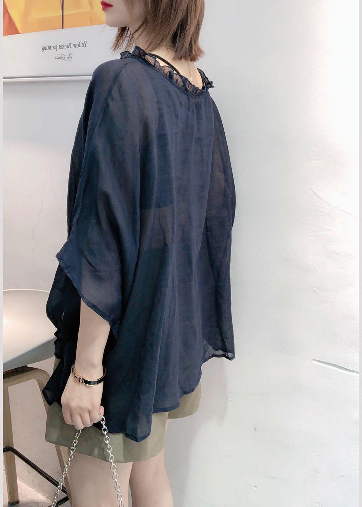 Navy Ruffle Trim Plus Size Blouse