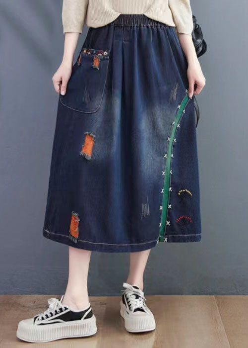 Art Navy Embroidered Ripped Summer Denim Skirt