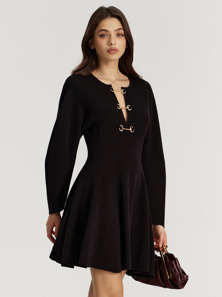 Horsebit Detail Knit Flared Dress