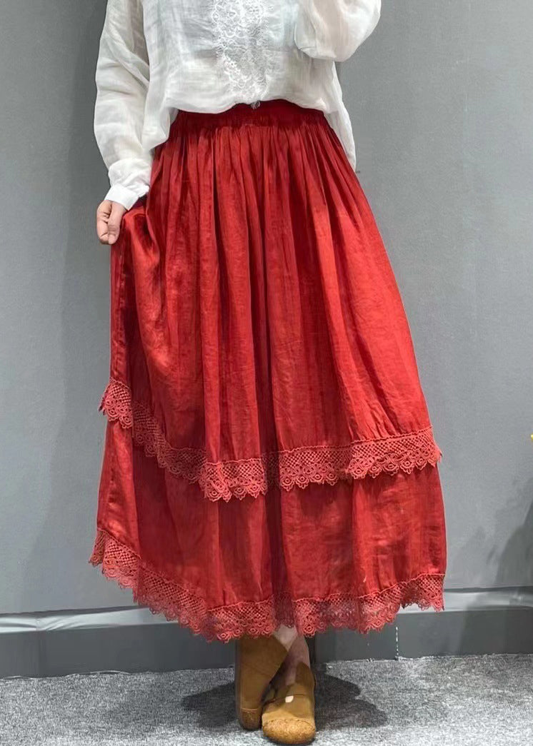 Red Lace Patchwork Linen Pleated Skirt