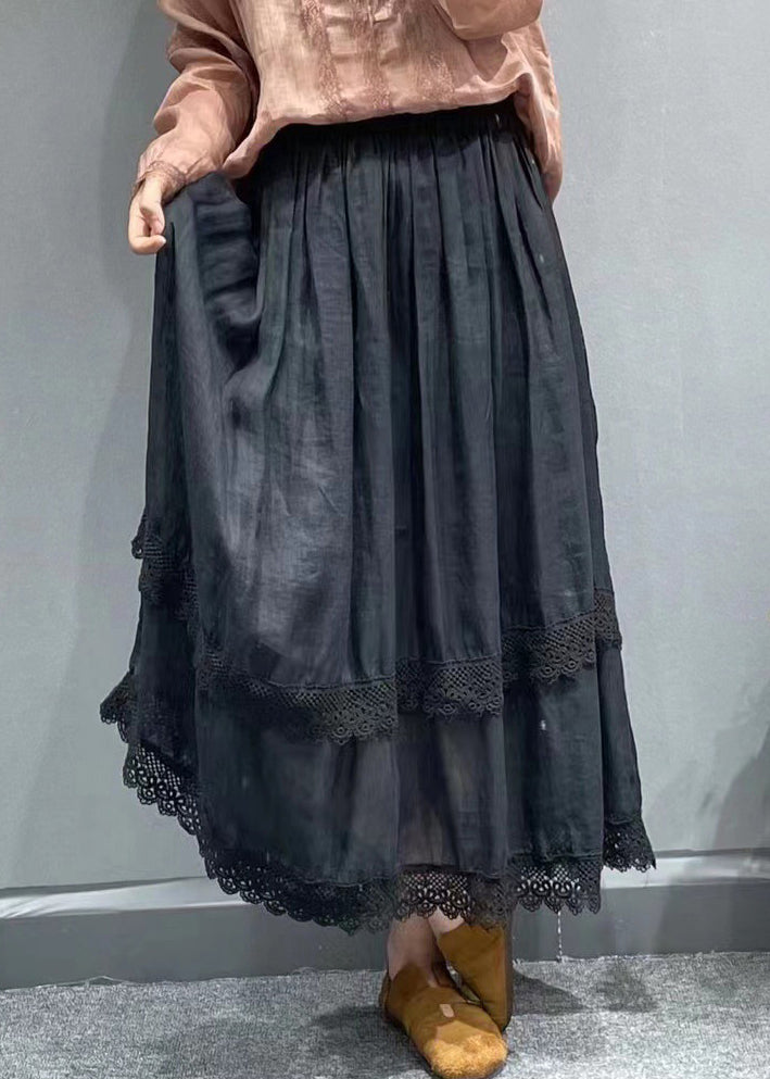 Red Lace Patchwork Linen Pleated Skirt