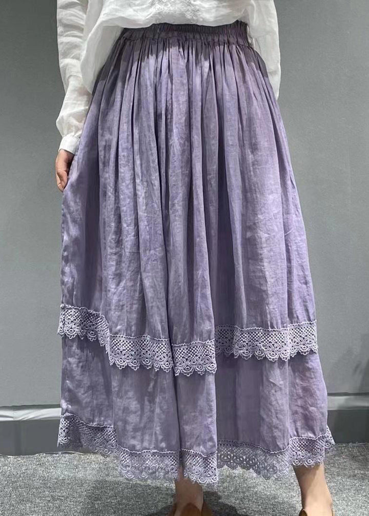 Red Lace Patchwork Linen Pleated Skirt