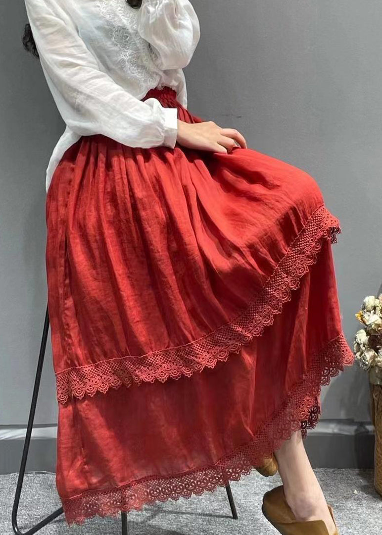 Red Lace Patchwork Linen Pleated Skirt